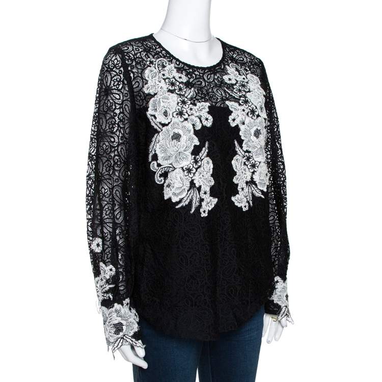 Pre Owned Oscar de la Renta Black & White Floral Lace Long Sleeve Blouse L 