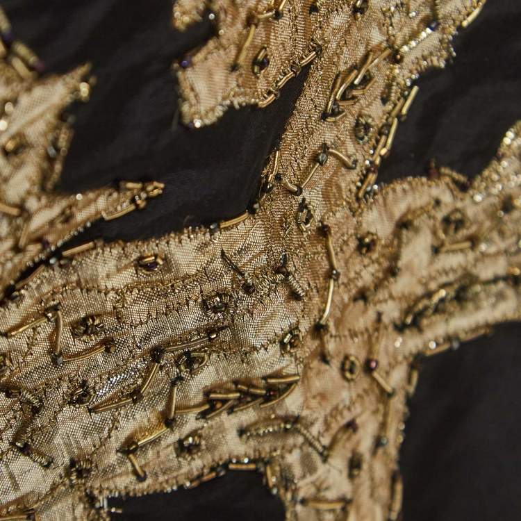 مملوكة مسبقًا Oscar de la Renta Black Sequin Applique Detail Silk Sheer Sleeve Gown M