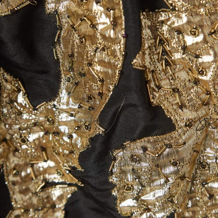 مملوكة مسبقًا Oscar de la Renta Black Sequin Applique Detail Silk Sheer Sleeve Gown M
