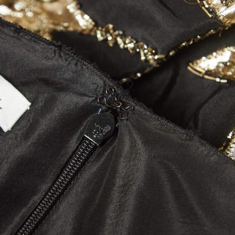 مملوكة مسبقًا Oscar de la Renta Black Sequin Applique Detail Silk Sheer Sleeve Gown M