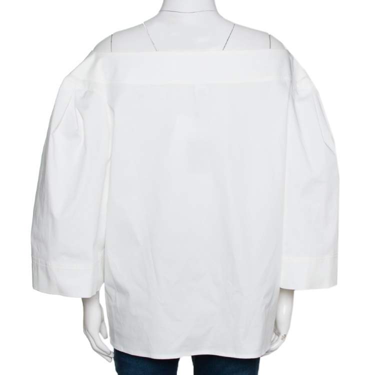 Pre Owned Oscar de la Renta White Stretch Cotton Puff Sleeve Blouse XXL