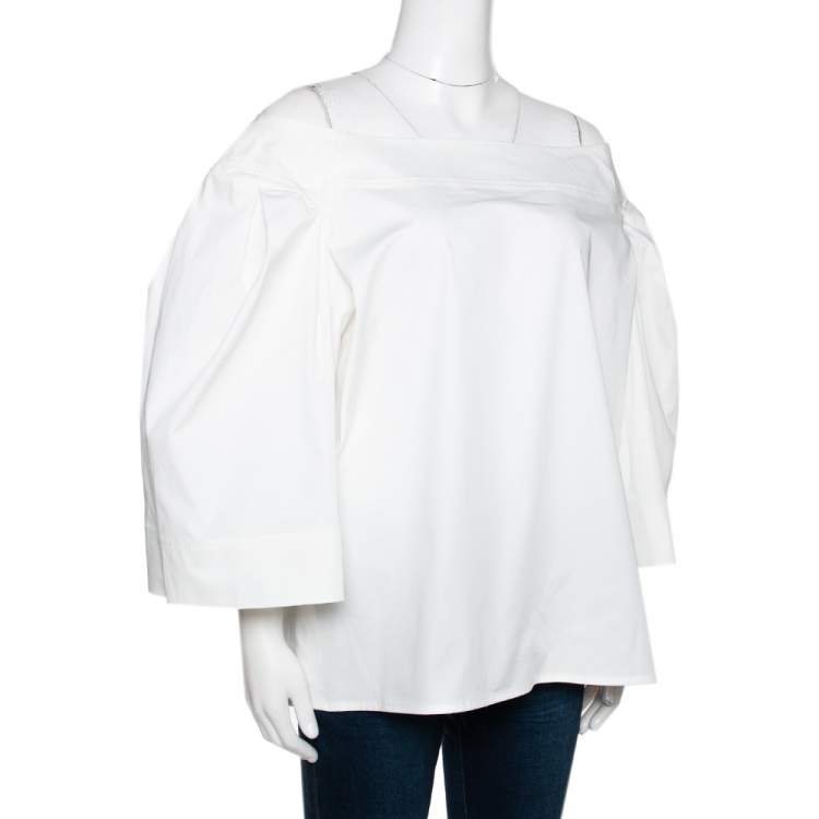 Pre Owned Oscar de la Renta White Stretch Cotton Puff Sleeve Blouse XXL