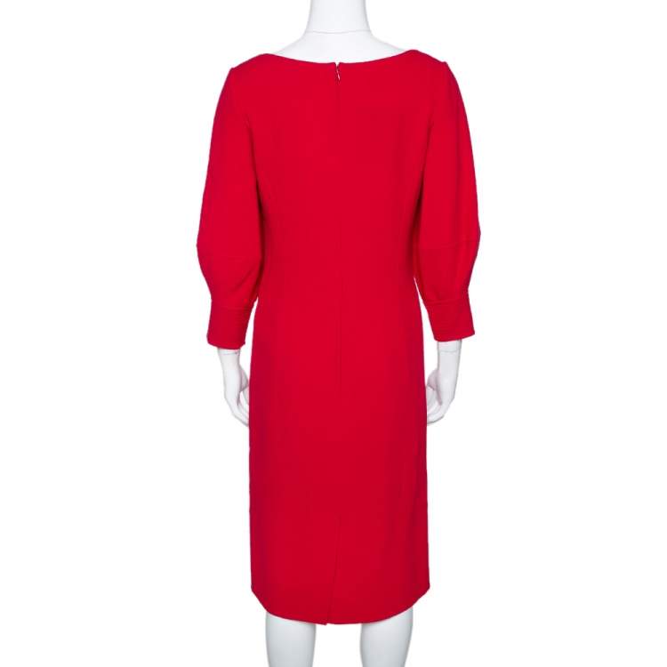 Pre Owned Oscar de la Renta Red Wool Crepe Balloon Sleeve Midi Dress M