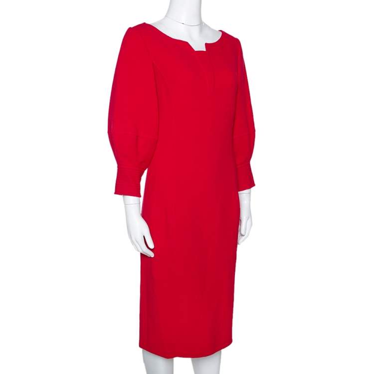 Pre Owned Oscar de la Renta Red Wool Crepe Balloon Sleeve Midi Dress M