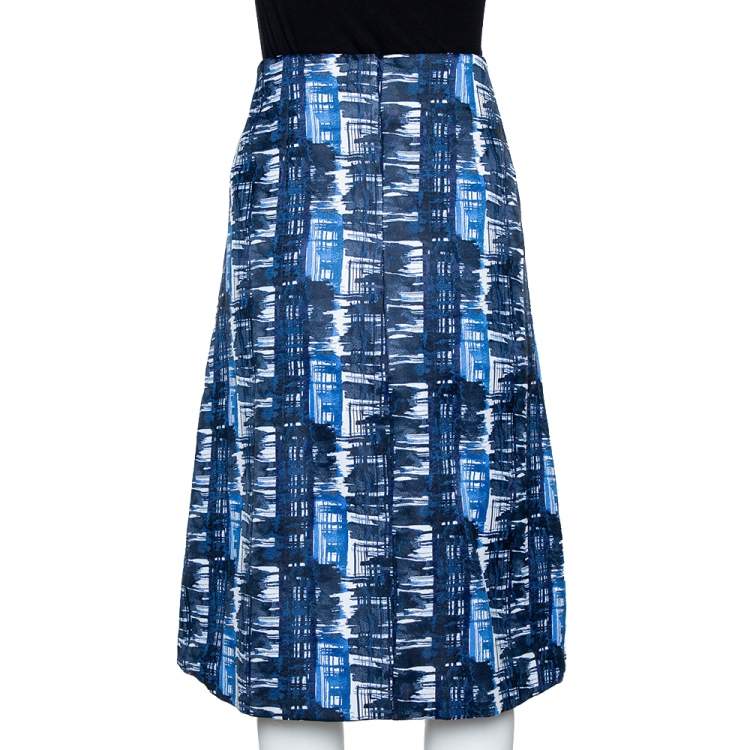 Pre Owned Oscar de la Renta Blue & White Jacquard Patterned A-Line Skirt L