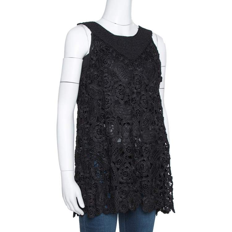 Pre Owned Oscar de la Renta Black Silk Crochet Knit Sleeveless Top S