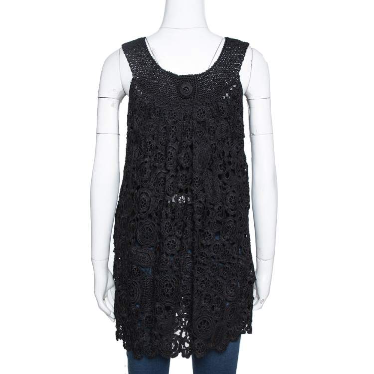 Pre Owned Oscar de la Renta Black Silk Crochet Knit Sleeveless Top S