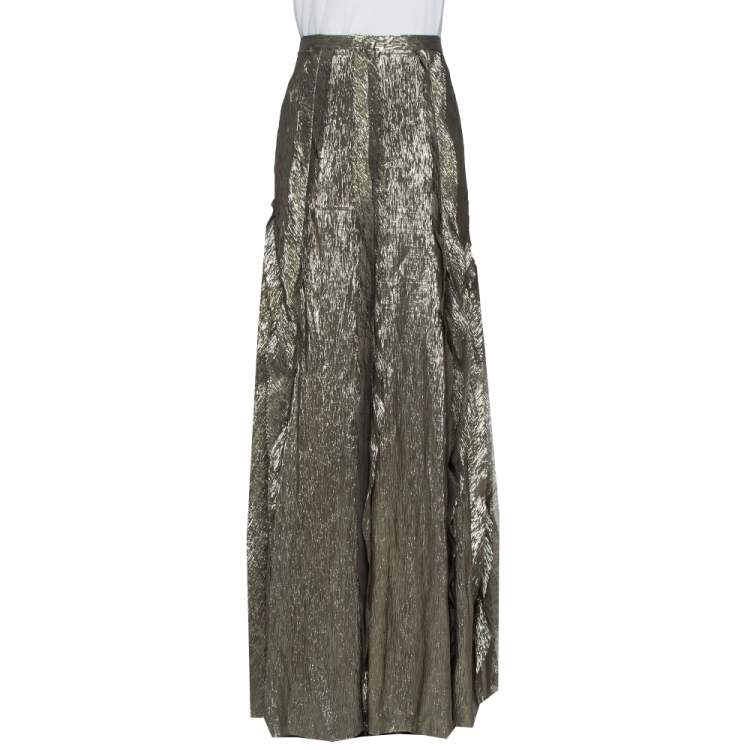 Pre Owned Oscar de la Renta Gold Lurex Silk Ruffled Maxi Skirt L