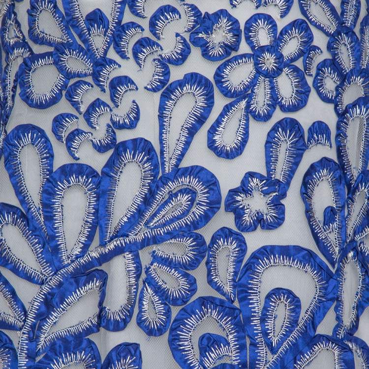 Pre Owned Oscar de la Renta Blue Floral Embroidered Mesh Sleeveless Dress M