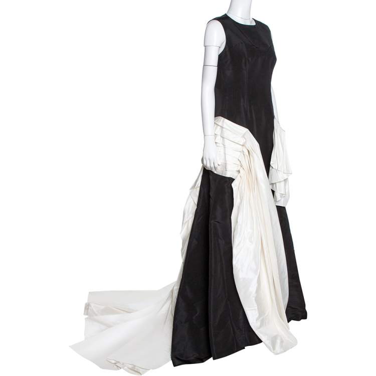 Pre Owned Oscar de la Renta Black Silk Faille Contrast Ruffled Trim Gown L