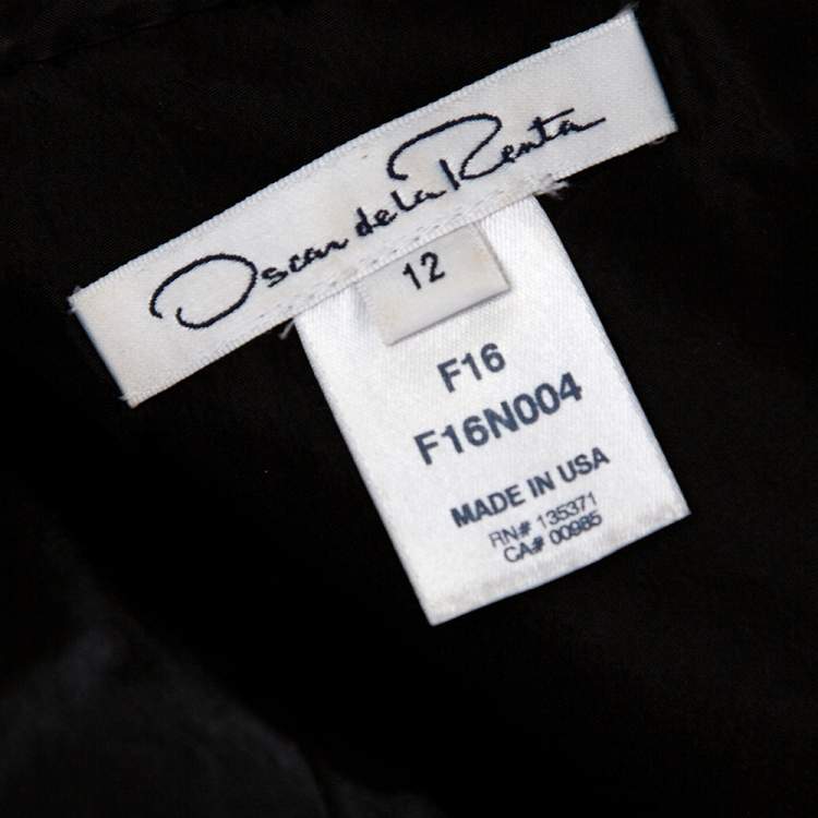 Pre Owned Oscar de la Renta Black Silk Faille Contrast Ruffled Trim Gown L