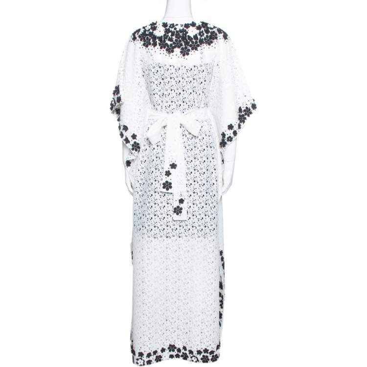 Pre Owned Oscar de la Renta White Lace Floral Appliqued Belted Kaftan M