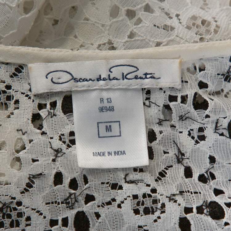 Pre Owned Oscar de la Renta White Lace Floral Appliqued Belted Kaftan M