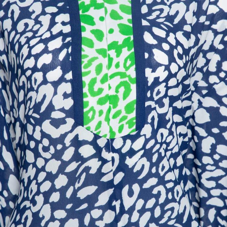 Pre Owned Oscar de la Renta Blue & Green Animal Print Maxi Kaftan Dress XL