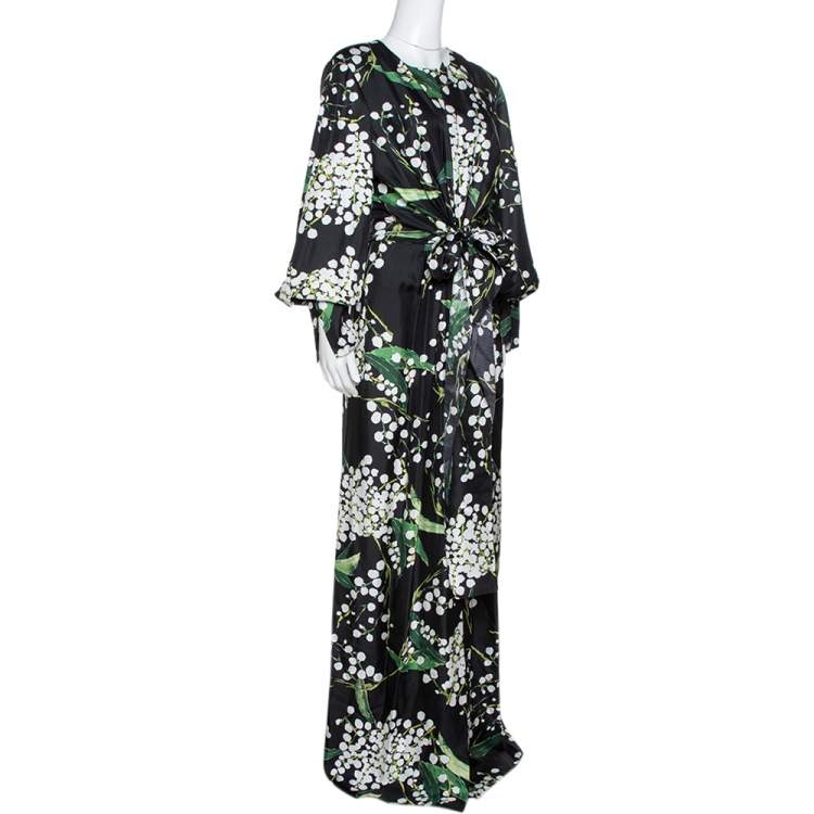 Pre Owned Oscar de la Renta Black Floral Print Silk Draped Maxi Dress L