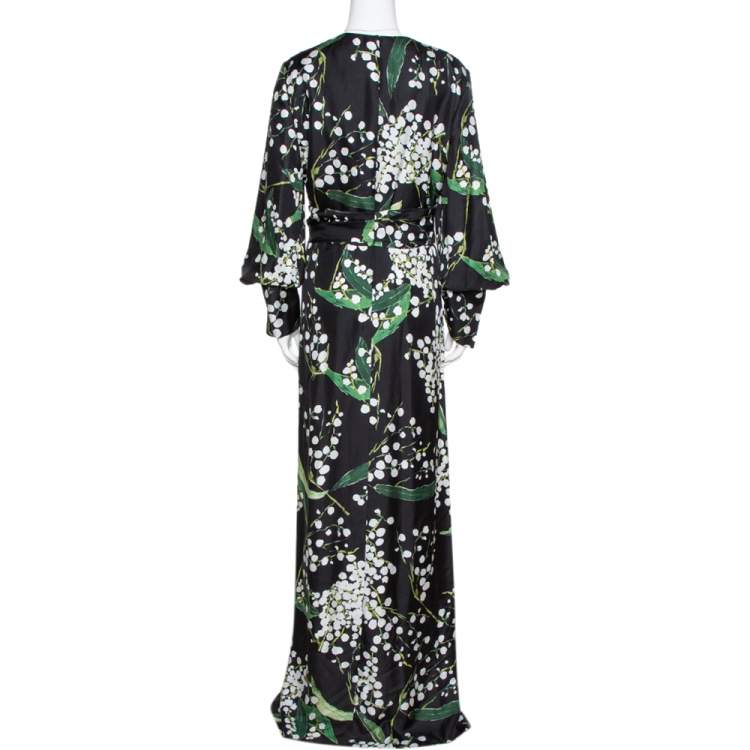 Pre Owned Oscar de la Renta Black Floral Print Silk Draped Maxi Dress L