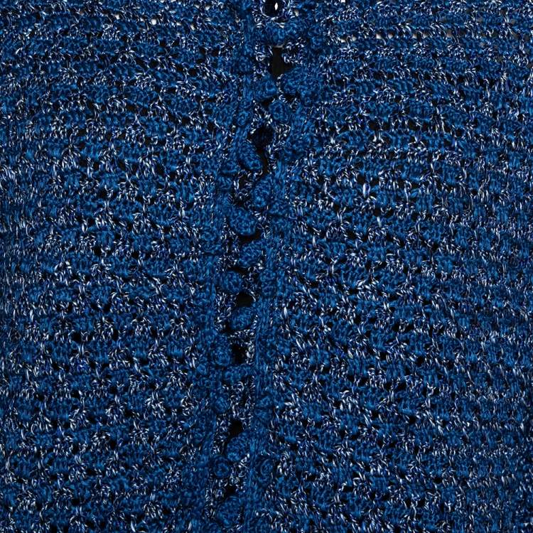 Pre Owned Oscar de la Renta Blue Silk Hand Knit Button Front Cardigan L
