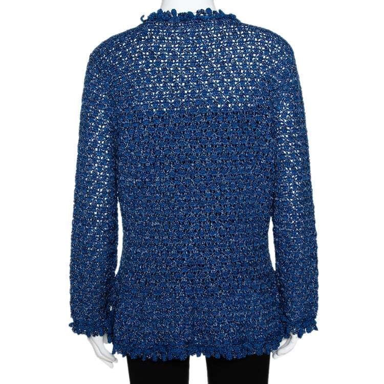 Pre Owned Oscar de la Renta Blue Silk Hand Knit Button Front Cardigan L