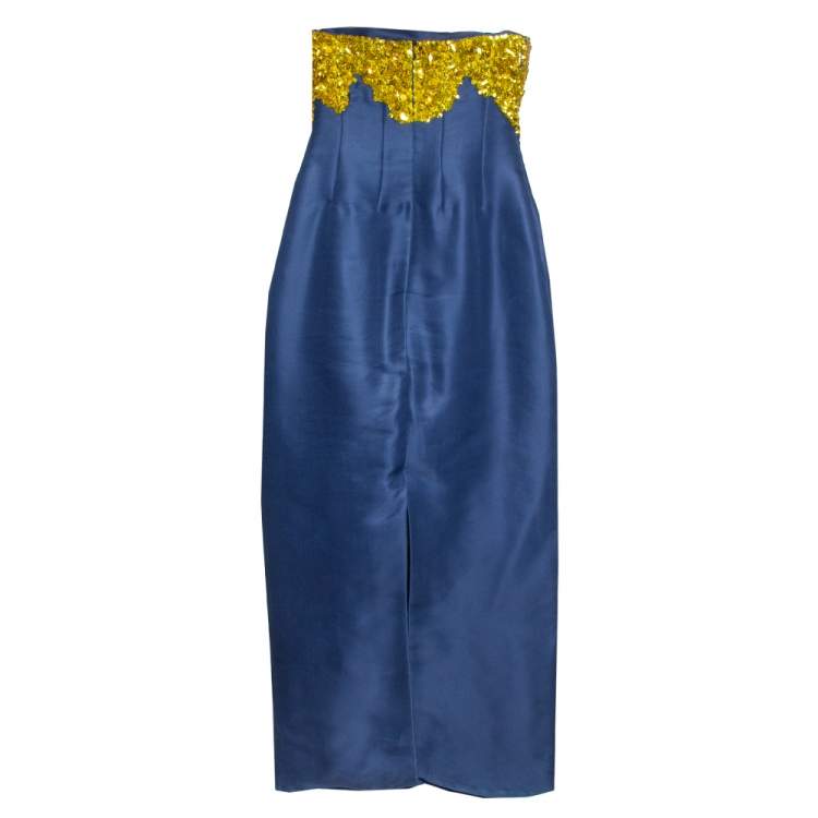 مملوكة مسبقًا Oscar de la Renta Midnight Blue Silk Sequin Embellished Strapless Gown S
