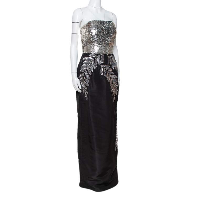 Pre Owned Oscar de la Renta Black Silk Sequin Embellished Strapless Gown L
