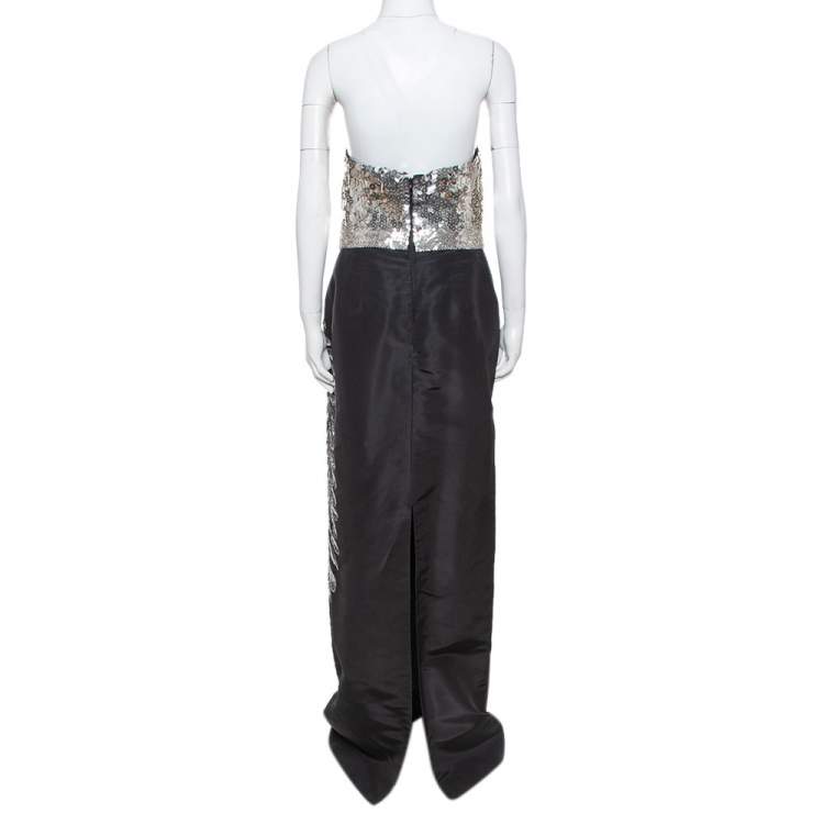 Pre Owned Oscar de la Renta Black Silk Sequin Embellished Strapless Gown L