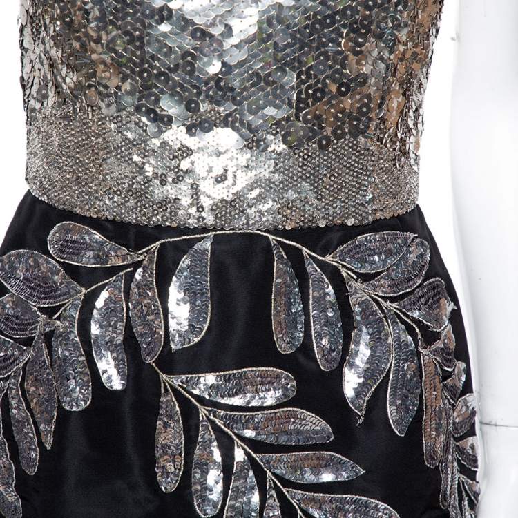 Pre Owned Oscar de la Renta Black Silk Sequin Embellished Strapless Gown L