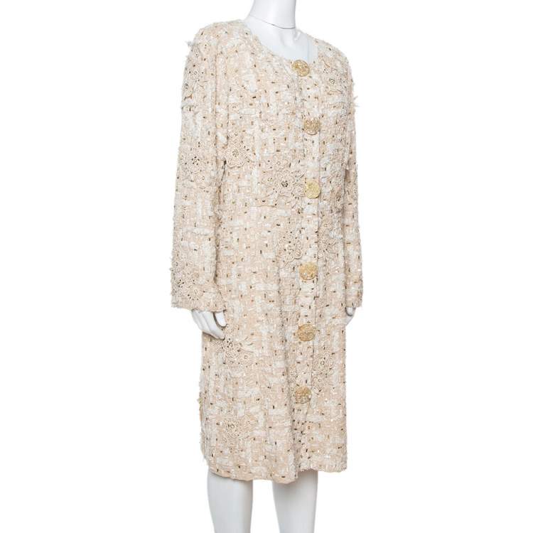 Pre Owned Oscar de la Renta Cream Silk Embellished Coat Dress XL