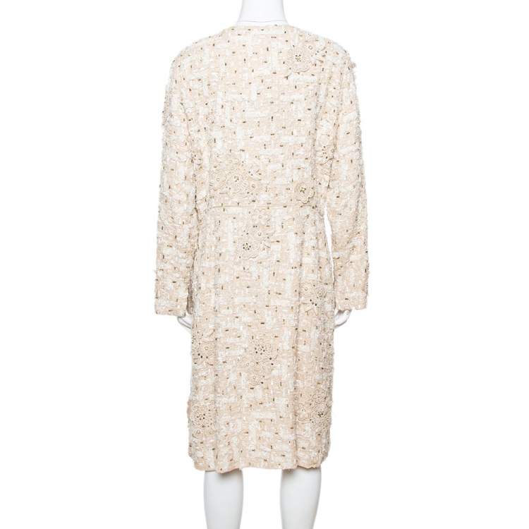 Pre Owned Oscar de la Renta Cream Silk Embellished Coat Dress XL