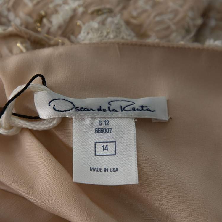 Pre Owned Oscar de la Renta Cream Silk Embellished Coat Dress XL