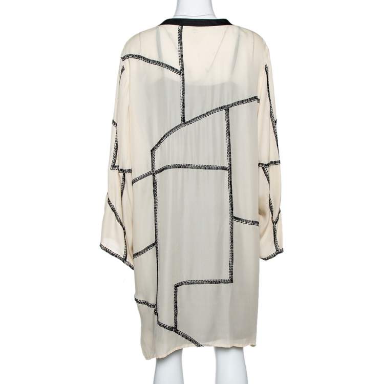 Pre Owned Oscar de la Renta Beige Silk Embroidered Dolman Tunic XL