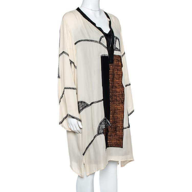 Pre Owned Oscar de la Renta Beige Silk Embroidered Dolman Tunic XL