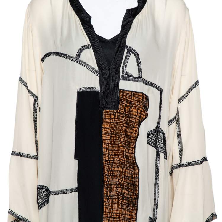 Pre Owned Oscar de la Renta Beige Silk Embroidered Dolman Tunic XL