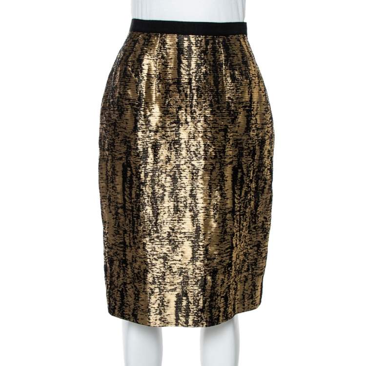 Pre Owned Oscar de la Renta Metallic Black/White Jacquard Knee Length Skirt M 