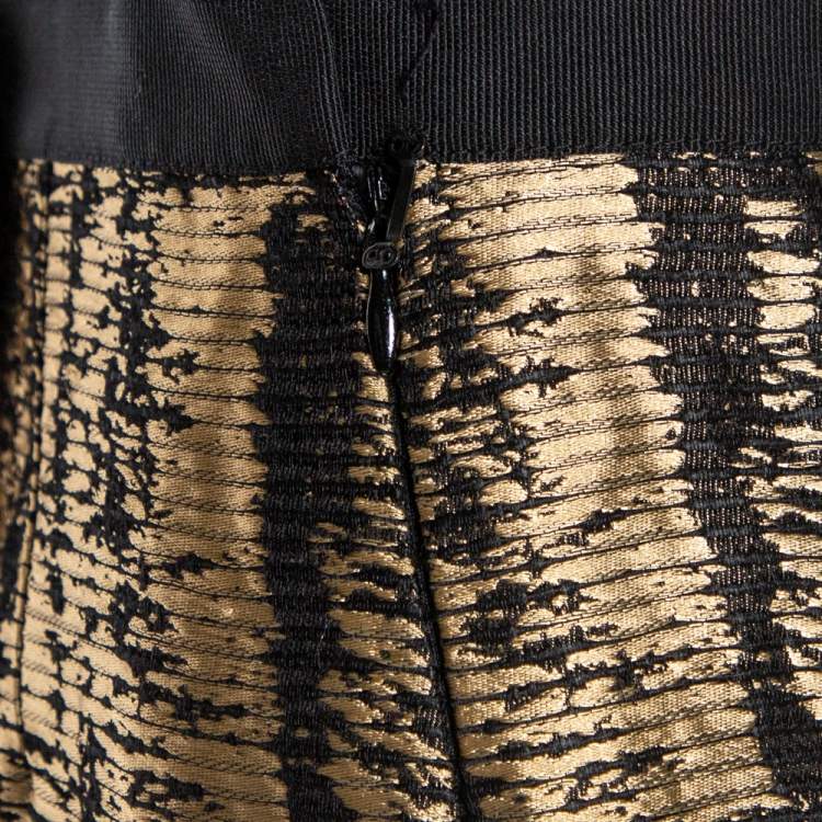 Pre Owned Oscar de la Renta Metallic Black/White Jacquard Knee Length Skirt M 