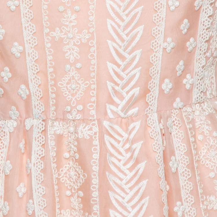 Pre Owned Oscar de la Renta Pale Pink Organza Silk Embroidered Sleeveless Dress XL
