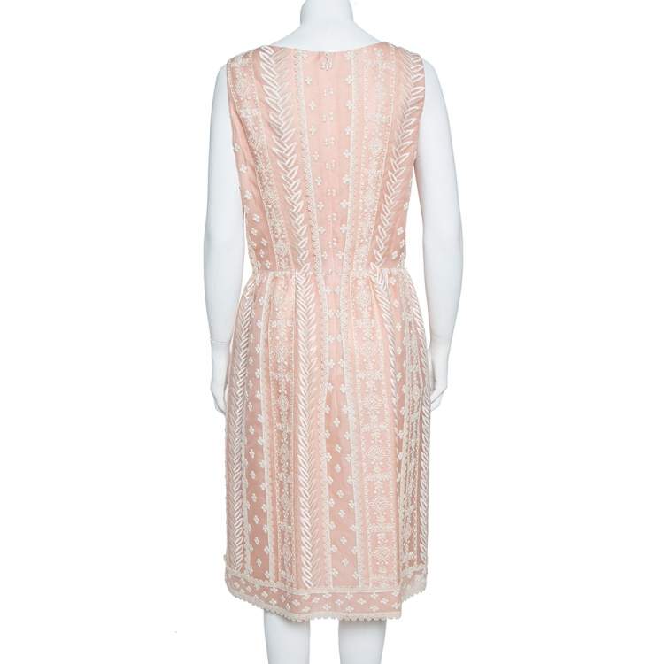 Pre Owned Oscar de la Renta Pale Pink Organza Silk Embroidered Sleeveless Dress XL