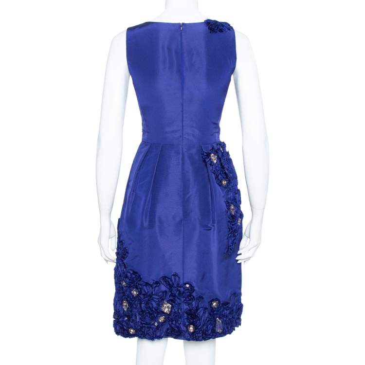 Pre Owned Oscar de la Renta Royal Blue Embellished Silk Sleeveless Sheath Dress XS 