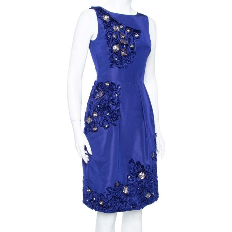 Pre Owned Oscar de la Renta Royal Blue Embellished Silk Sleeveless Sheath Dress XS 