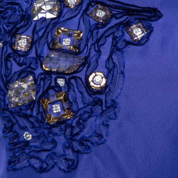Pre Owned Oscar de la Renta Royal Blue Embellished Silk Sleeveless Sheath Dress XS 