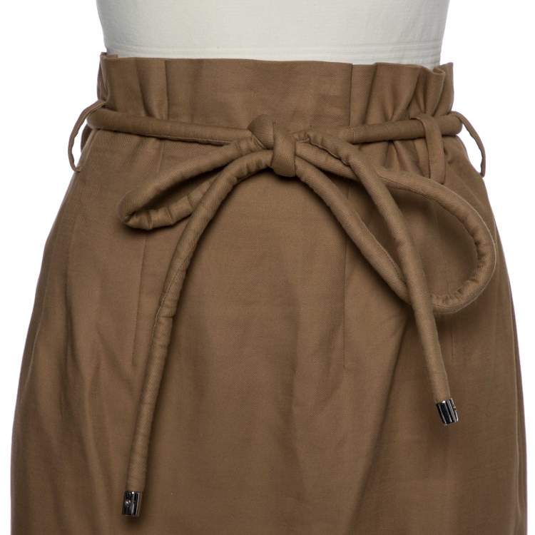 Pre Owned Oscar de la Renta Beige Cotton Paper Bag Waist Belted Midi Skirt M