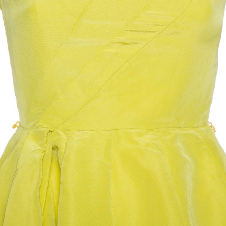 Pre Owned Oscar de la Renta Yellow Silk Front Drape Detail Sleeveless Midi Dress S