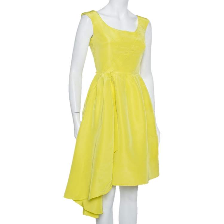 Pre Owned Oscar de la Renta Yellow Silk Front Drape Detail Sleeveless Midi Dress S