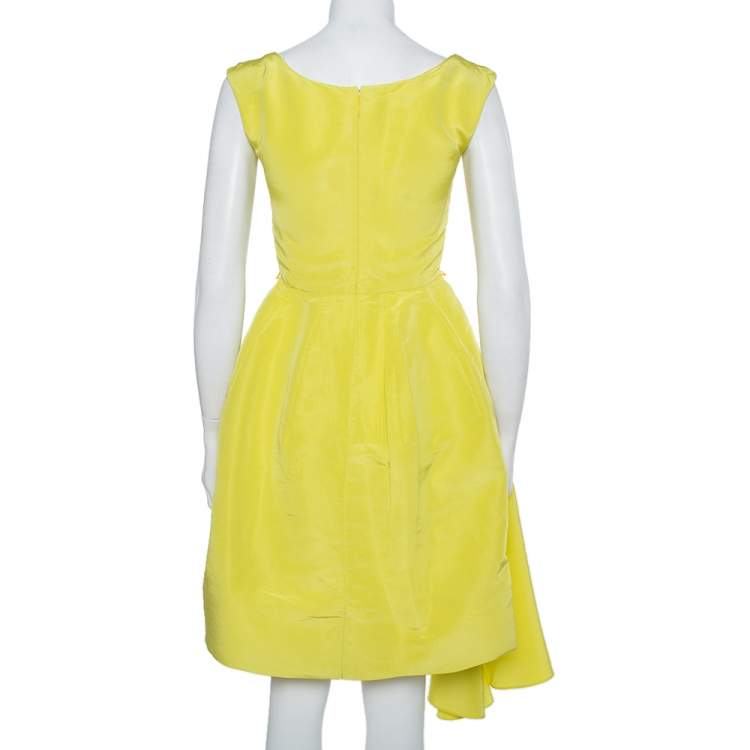 Pre Owned Oscar de la Renta Yellow Silk Front Drape Detail Sleeveless Midi Dress S