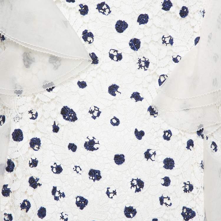 Pre Owned Oscar de la Renta White Painted Effect Lace Ruffle Detail Short Dress M