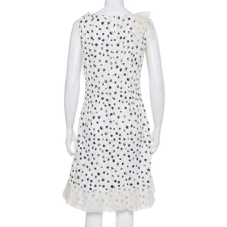 Pre Owned Oscar de la Renta White Painted Effect Lace Ruffle Detail Short Dress M