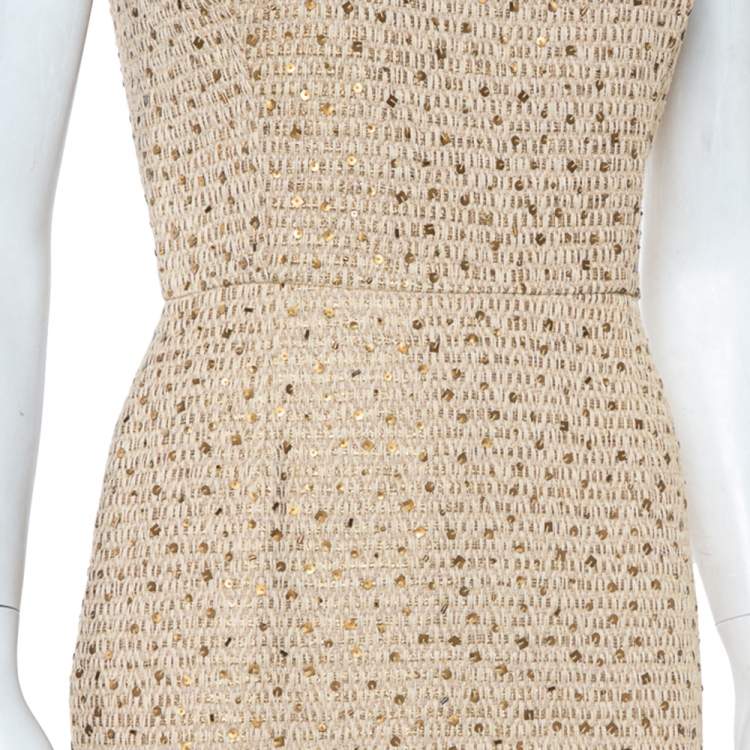 Pre Owned Oscar de la Renta Beige Tweed Sequin Embellished Sleeveless Sheath Dress S