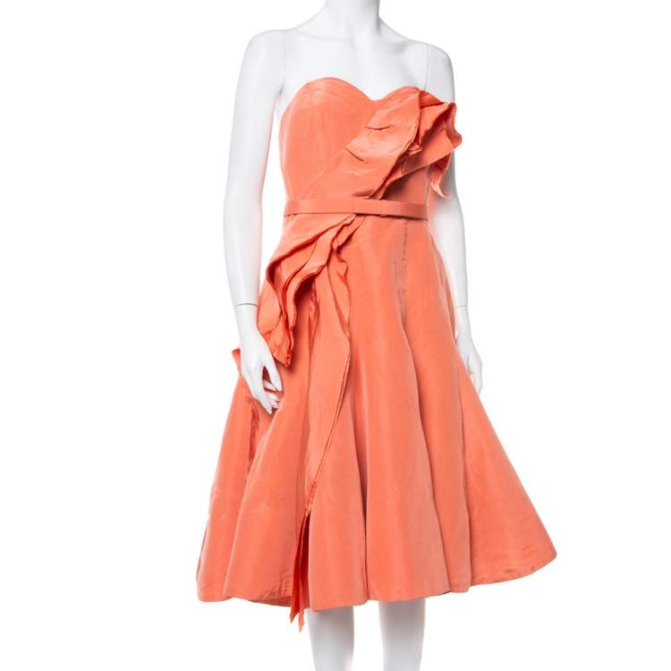 Pre Owned Oscar de la Renta Salmon Pink Silk Ruffle Detail Bustier Mini Dress XL