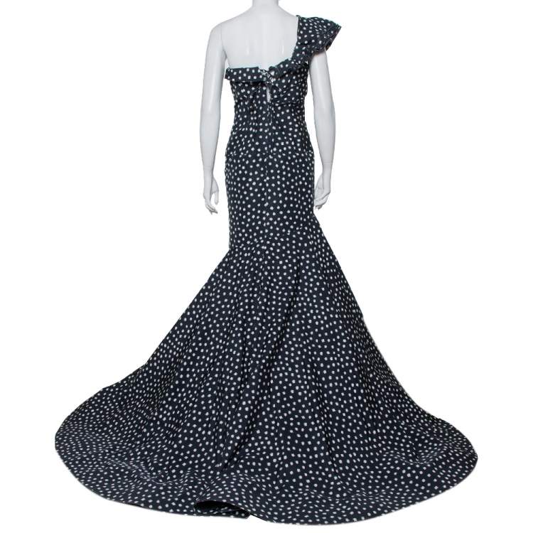 Pre Owned Oscar de la Renta Midnight Blue Printed Silk One Shoulder Asymmetric Hem Detail Evening Gown M