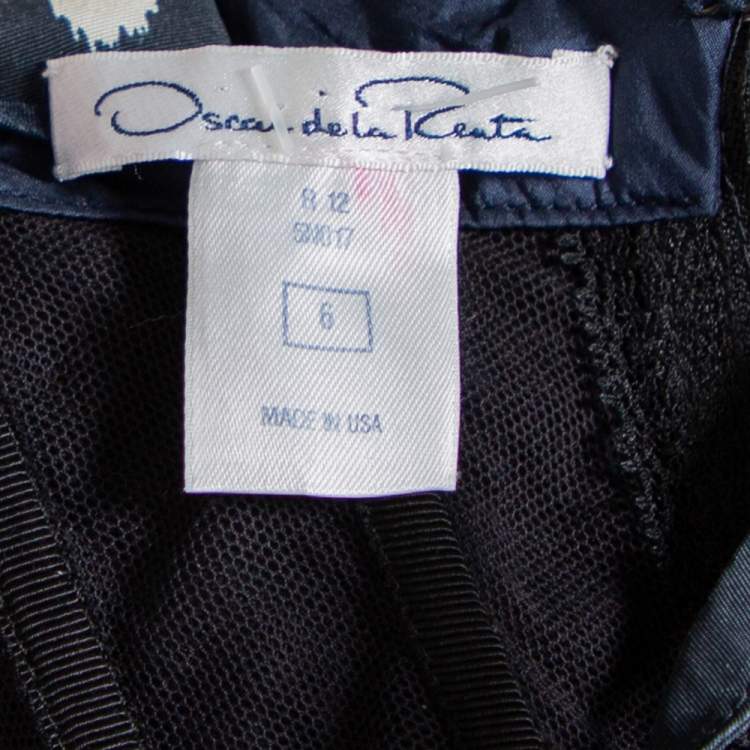 Pre Owned Oscar de la Renta Midnight Blue Printed Silk One Shoulder Asymmetric Hem Detail Evening Gown M
