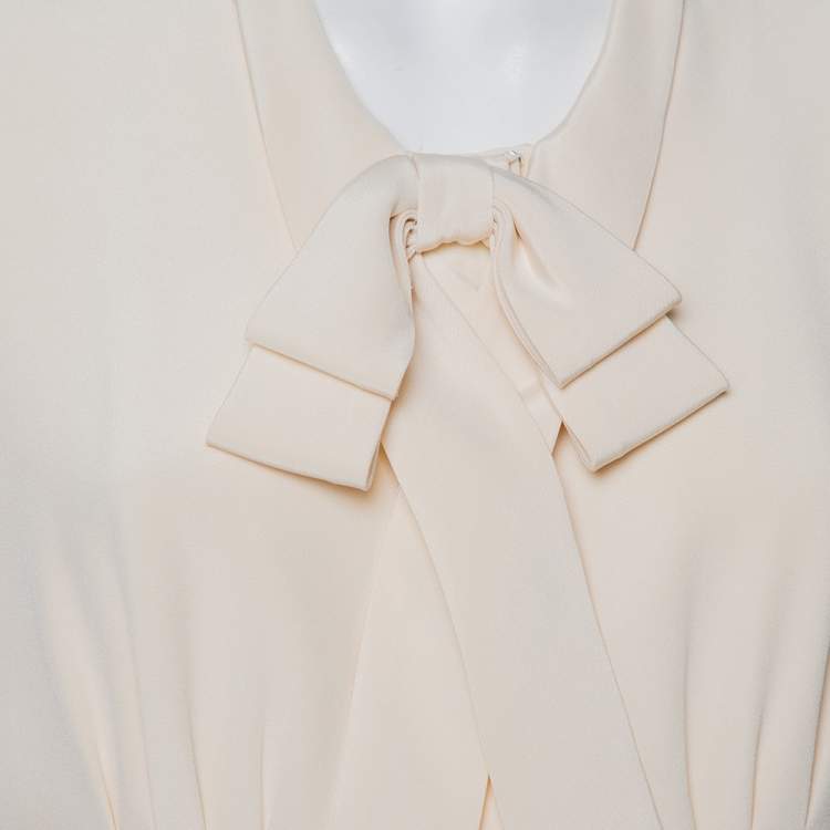 Pre Owned Oscar de la Renta Cream Silk Neck Tie Detail Button Front Shirt Dress L